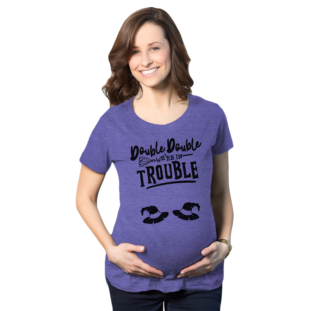Funny Heather Purple Double Double We&#39;re In Trouble Maternity T Shirt Nerdy Halloween Tee