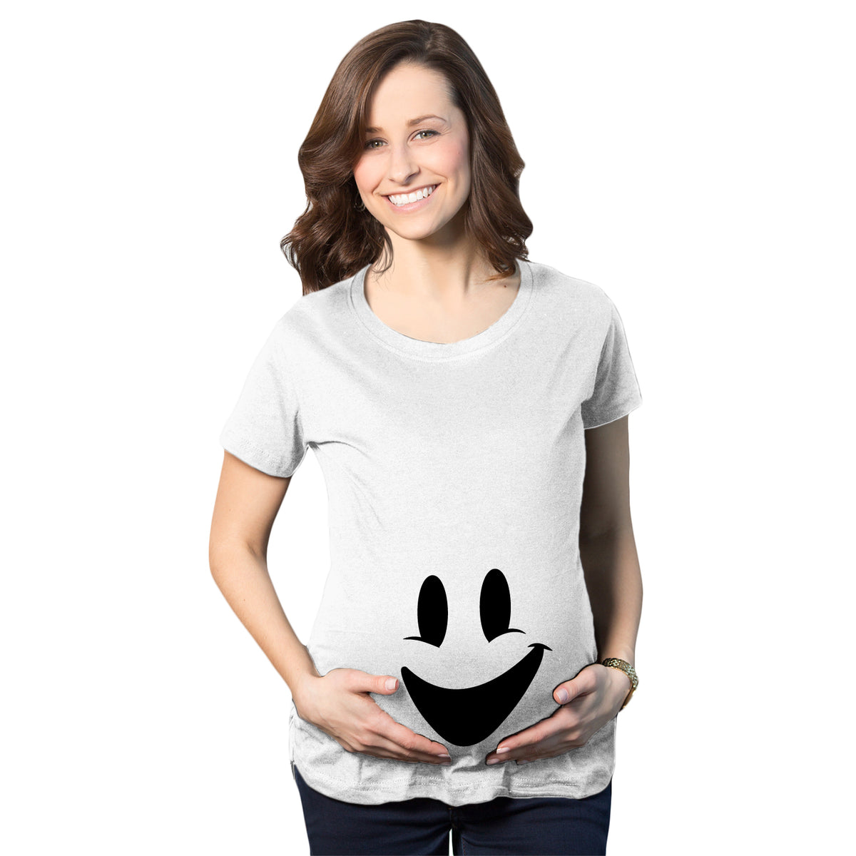Funny White Smiling Ghost Maternity T Shirt Nerdy Halloween Tee
