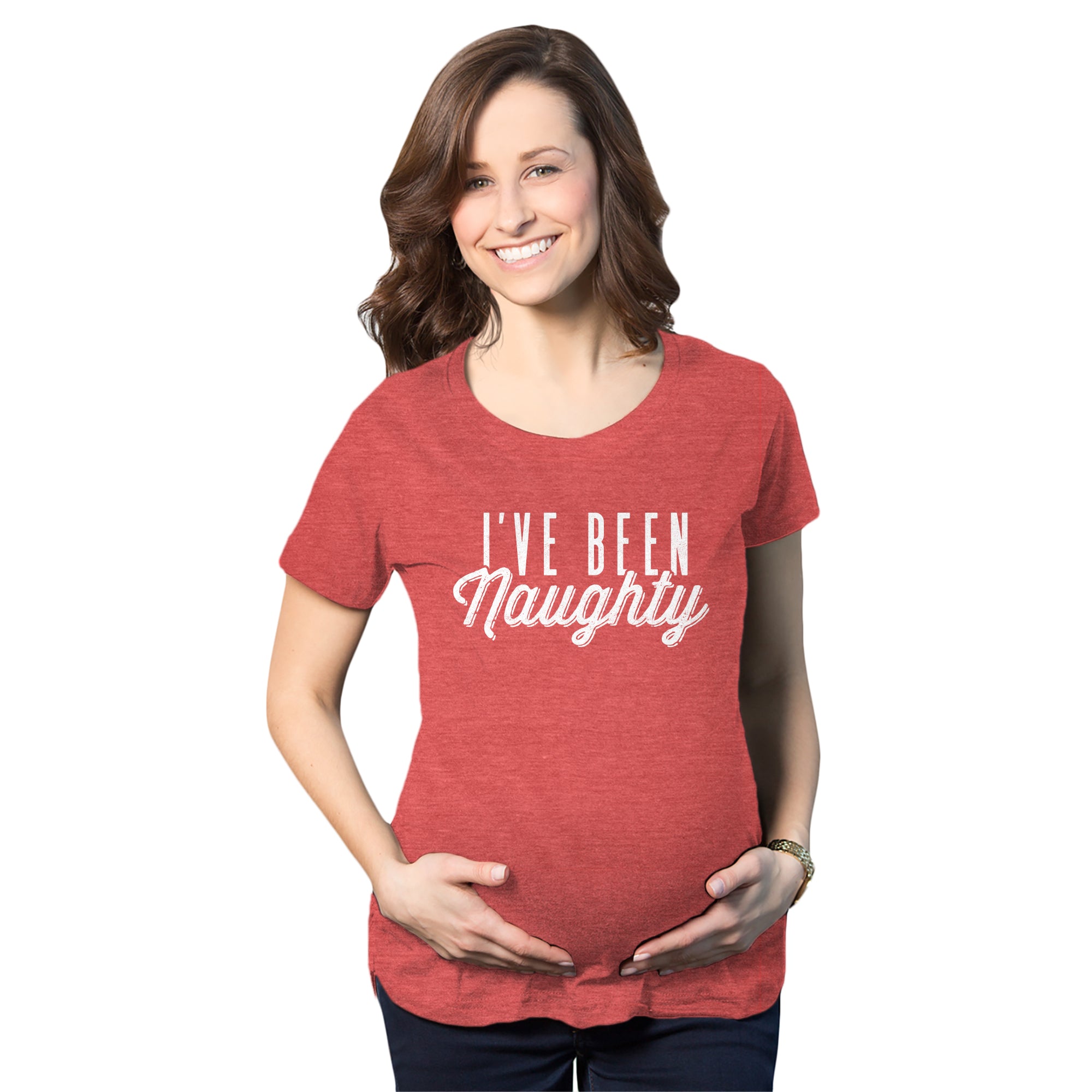 Funny Heather Red I've Been Naughty Maternity T Shirt Nerdy Christmas Sex Tee