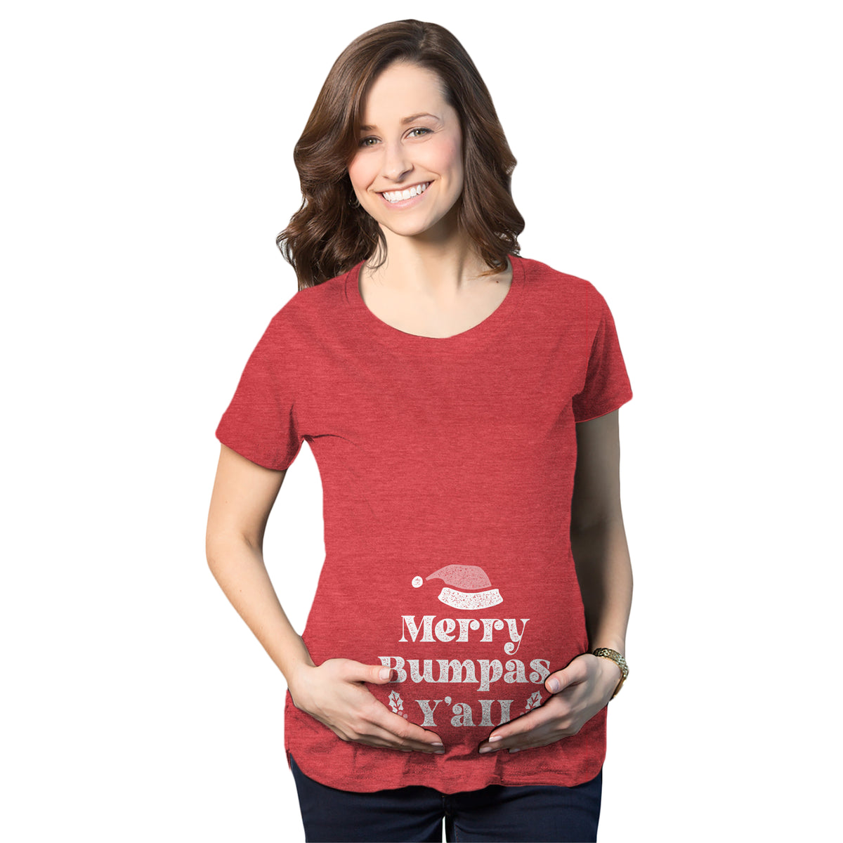 Funny Heather Red Merry Bumpas Y&#39;all Maternity T Shirt Nerdy Christmas Tee
