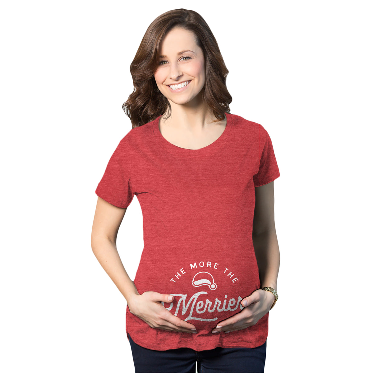 Funny Heather Red The More The Merrier Maternity T Shirt Nerdy Christmas Tee