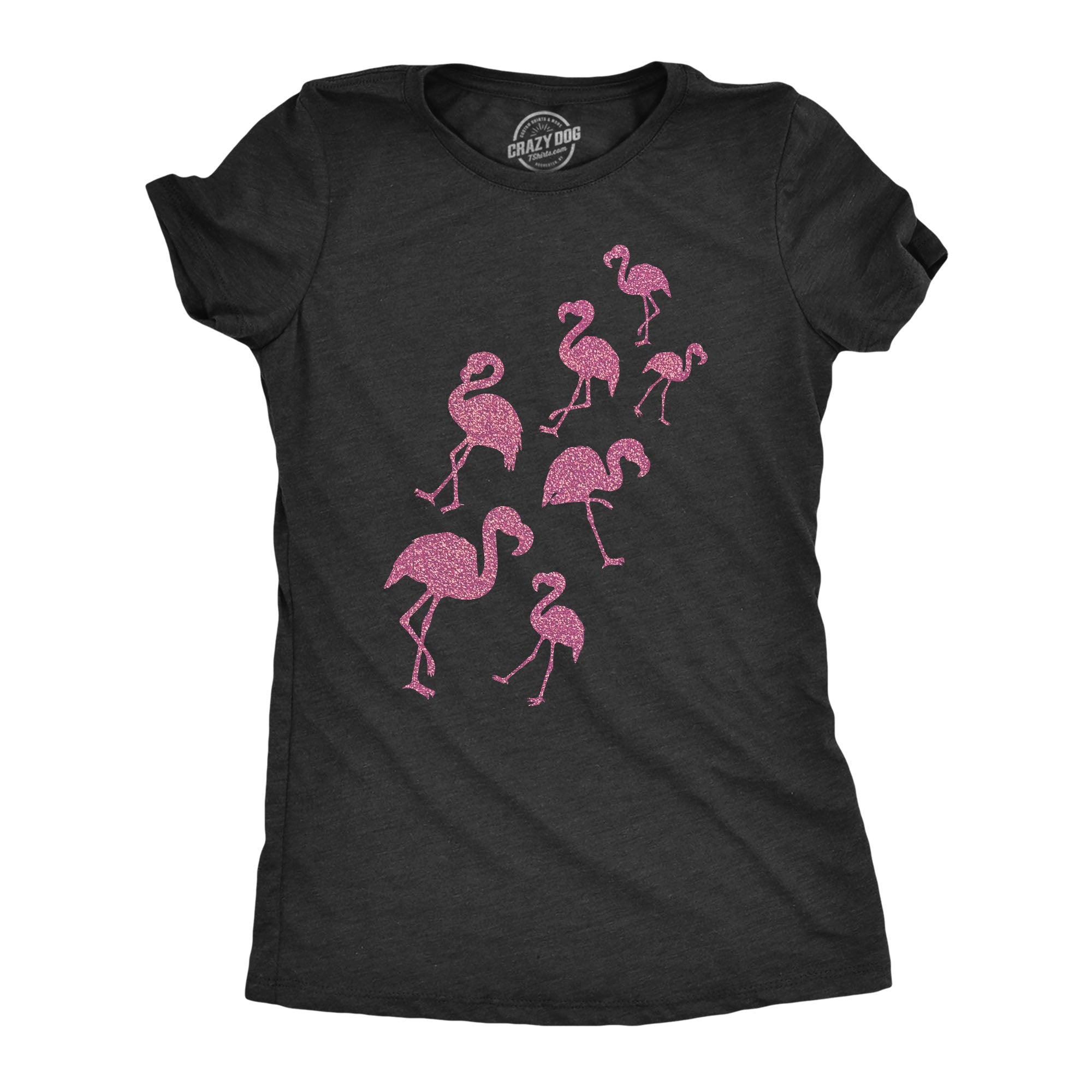 Funny Heather Black Glitter Flamingos Womens T Shirt Nerdy Animal Vacation Tee