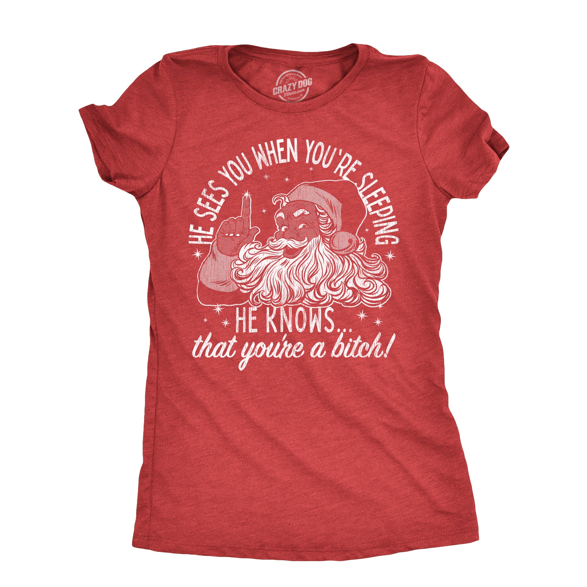 Funny Heather Red - BITCH He Knows That Youre A Bitch Womens T Shirt Nerdy Christmas Sarcastic Tee