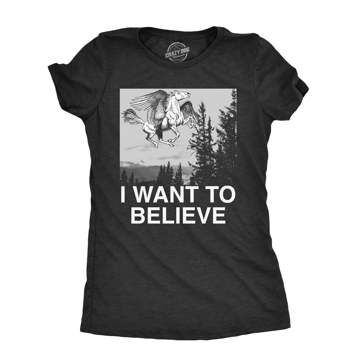 Funny Heather Black - BELIEVE I Want To Believe Pegasus Womens T Shirt Nerdy Sarcastic Animal Tee