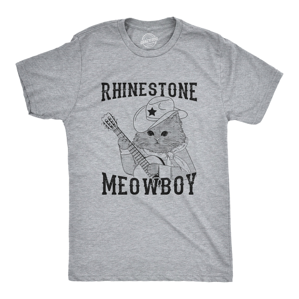 Funny Light Heather Grey - MEOWBOY Rhinestone Meowboy Mens T Shirt Nerdy Cat Music Tee