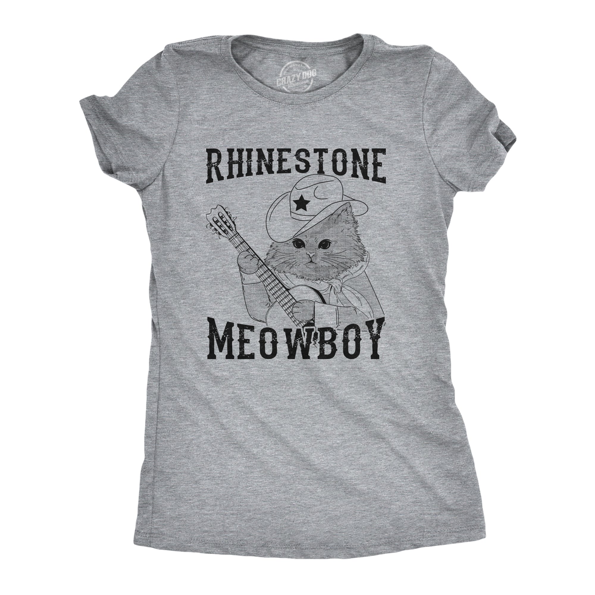 Funny Light Heather Grey - MEOWBOY Rhinestone Meowboy Womens T Shirt Nerdy Cat Music Tee
