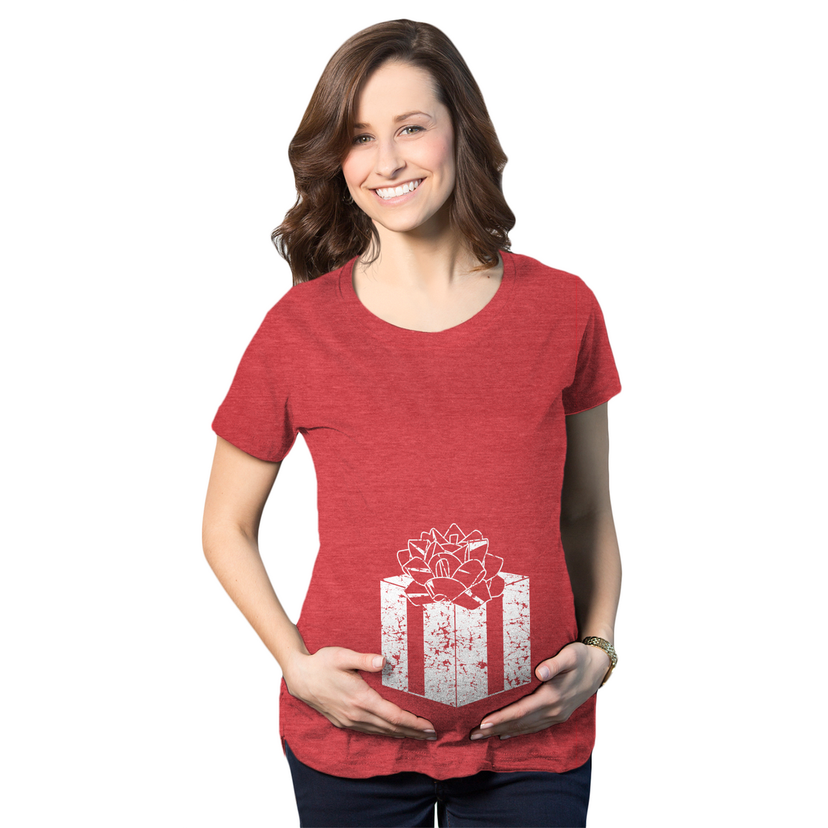 Funny Red Belly Present Maternity T Shirt Nerdy Christmas Tee