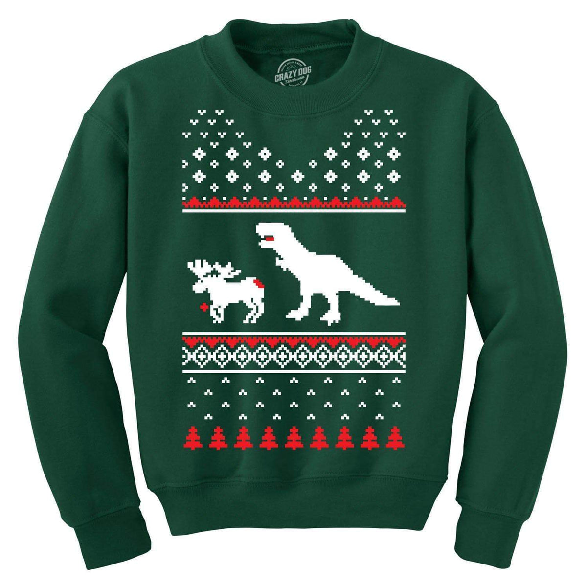 T-Rex Attack Christmas Ugly Sweater Crew Neck Sweatshirt - Crazy Dog T-Shirts