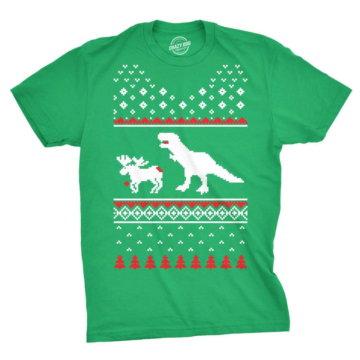 T-Rex Attack Ugly Christmas Sweater Men's Tshirt - Crazy Dog T-Shirts