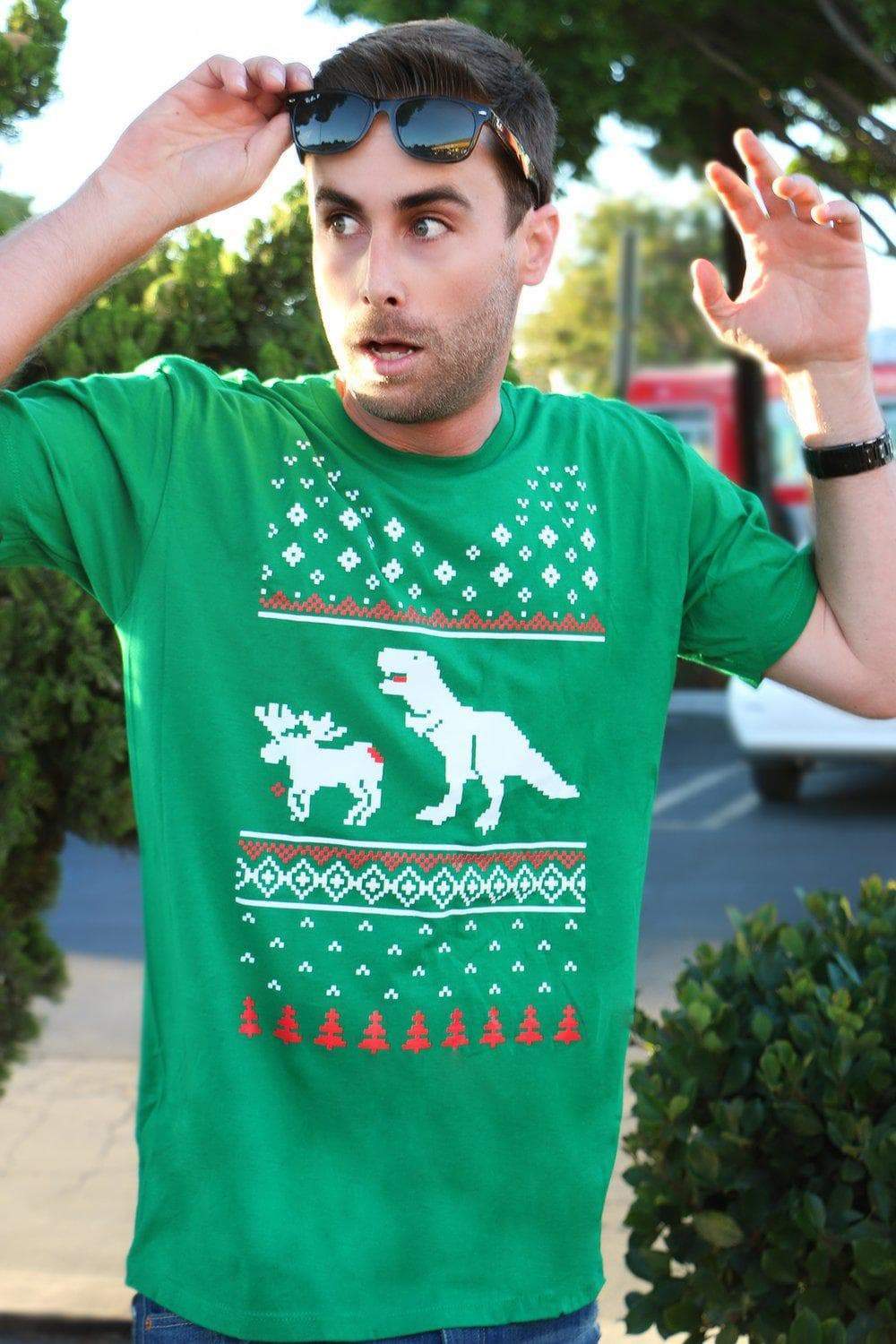 T-Rex Attack Ugly Christmas Sweater Men&#39;s Tshirt - Crazy Dog T-Shirts
