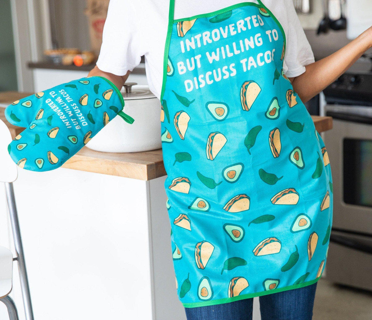 Introverted But Willing To Discuss Tacos Oven Mitt + Apron - Crazy Dog T-Shirts