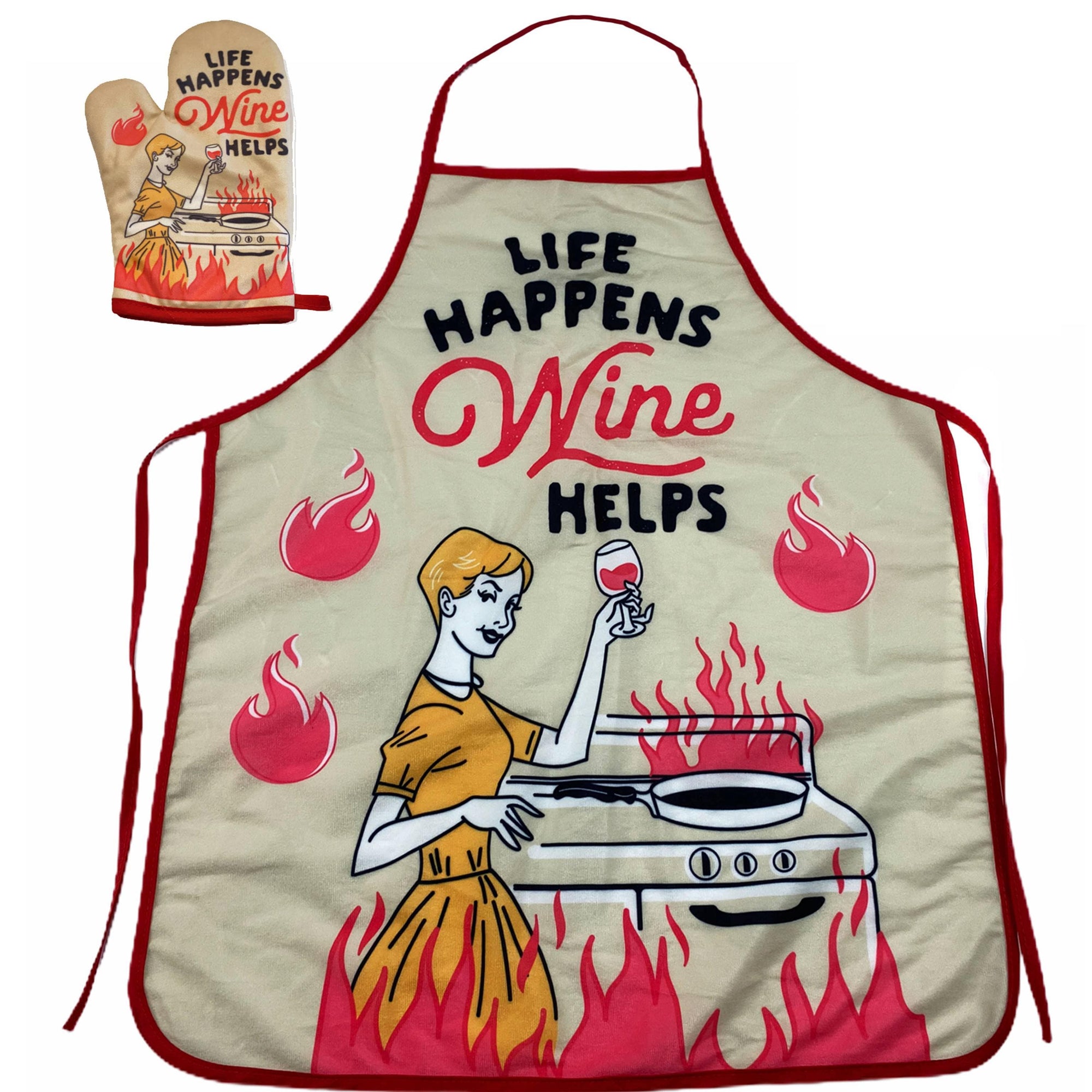 Life Happens Wine Helps Oven Mitt + Apron - Crazy Dog T-Shirts