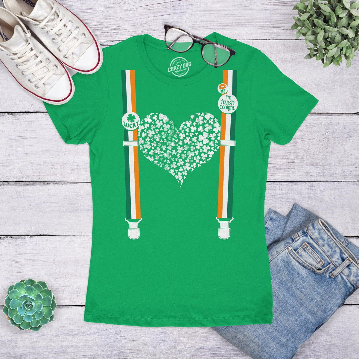 Clover Heart Suspenders Women&#39;s Tshirt  -  Crazy Dog T-Shirts