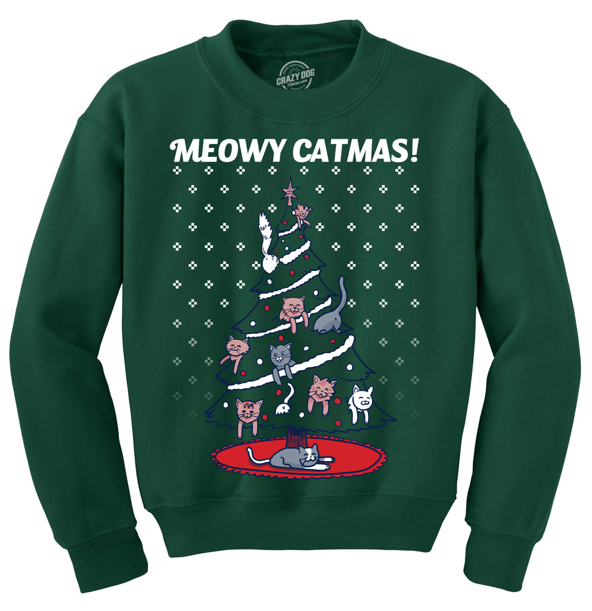Funny Forest Green Meowy Catmas Sweatshirt Nerdy Christmas Cat Ugly Sweater Tee